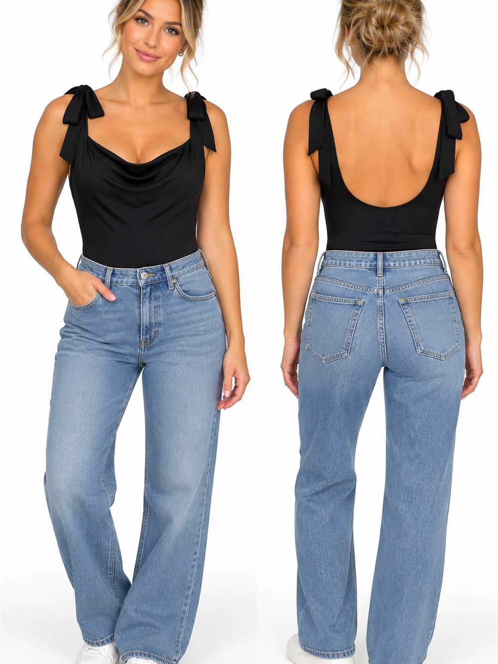 Free People Black Cowl Tie-Shoulder thong Bodysuit with Scoop Back